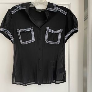 Bebe blk sheer top with embellishment details on pockets 96 % silk size M